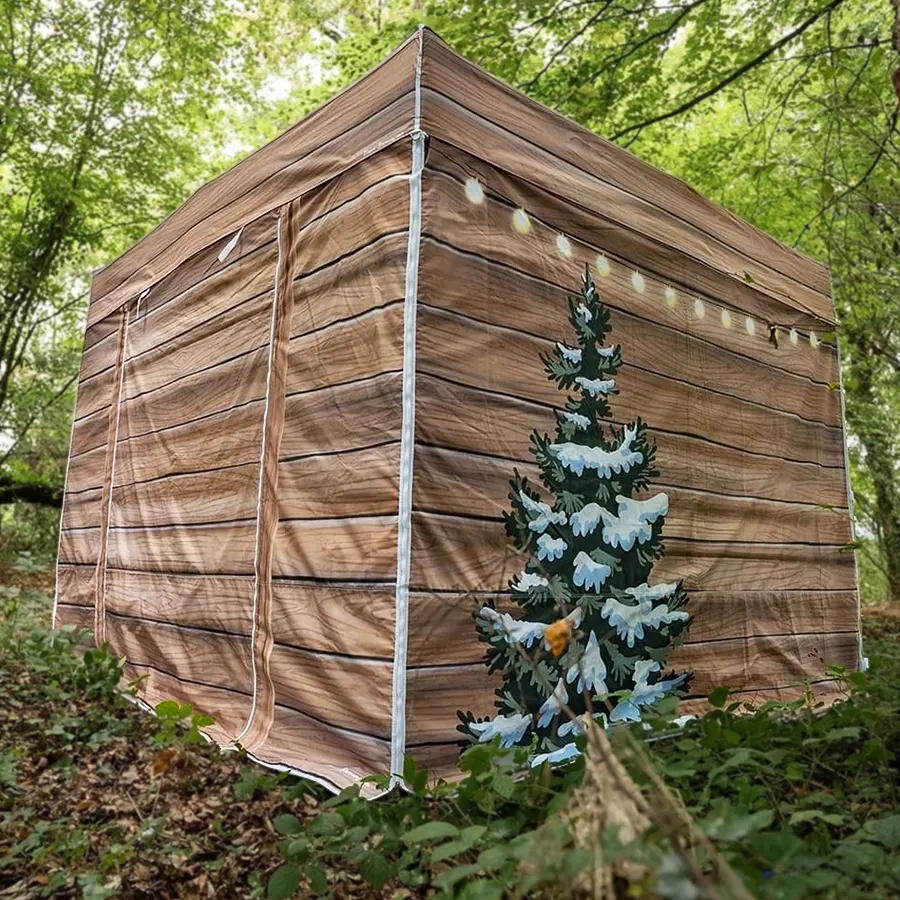 Vue de 3/4 chalet : porte enroulable arrière et impression haute qualité