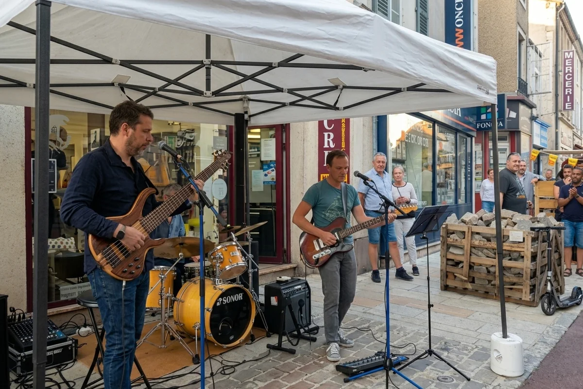 Groupe de musiciens sous un barnum lors d'un concert de rue pour la Fête de la Musique le 21 juin