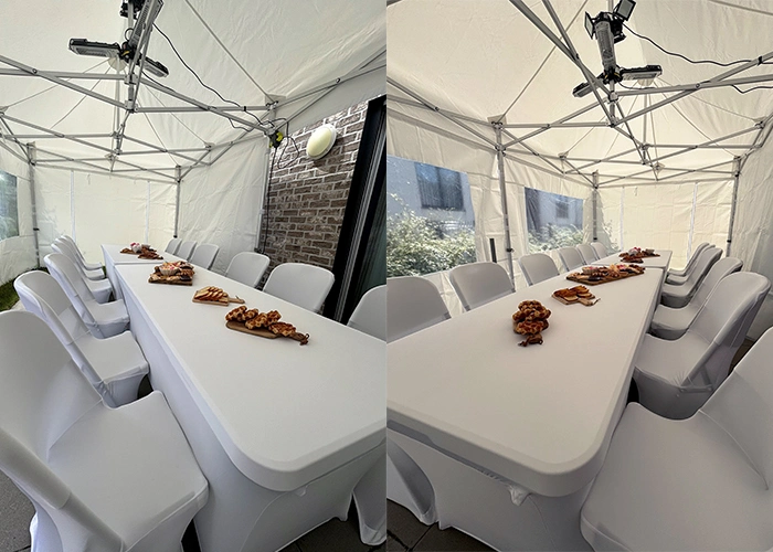 Tables et chaises pliantes en polyéthylène avec housses blanches lors d'un événement
